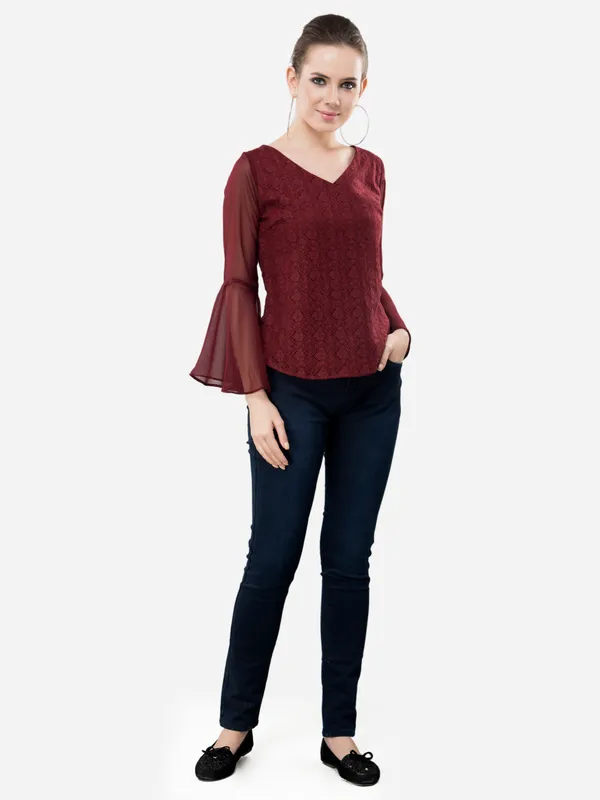 Maroon_Casual_Cotton_Net_V-Neck_Bell_Sleeves_Top