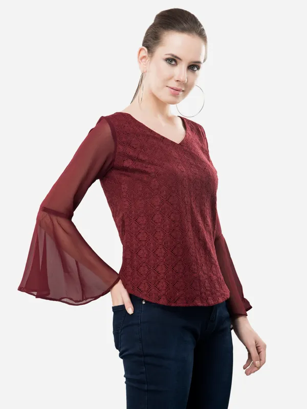 Maroon_Casual_Cotton_Net_V-Neck_Bell_Sleeves_Top
