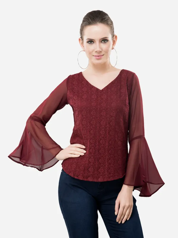 Maroon_Casual_Cotton_Net_V-Neck_Bell_Sleeves_Top
