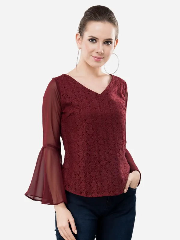 Maroon_Casual_Cotton_Net_V-Neck_Bell_Sleeves_Top