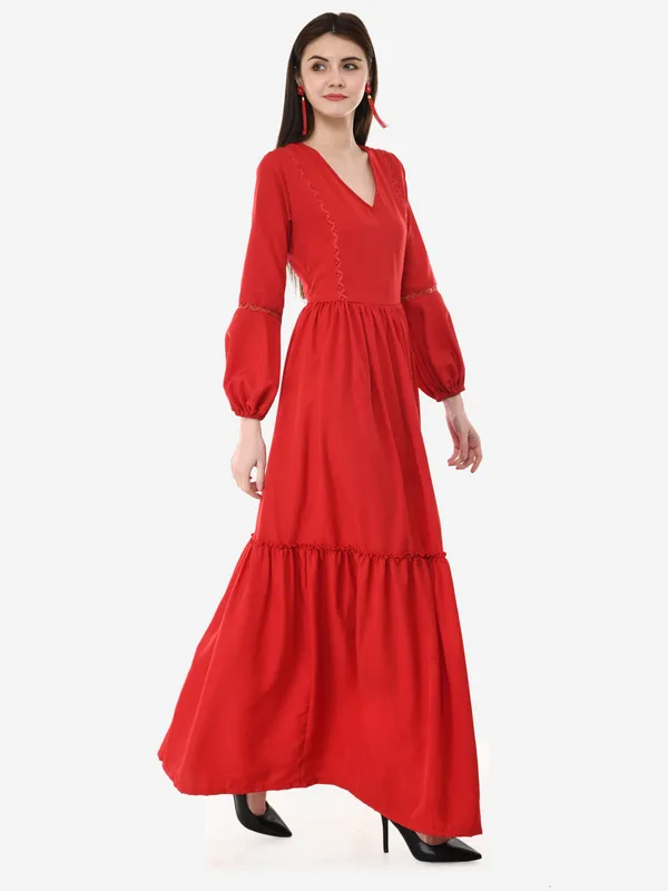 Red_V-Neck_Bishop_Sleeves_Long_Maxi_Gown_For_Women