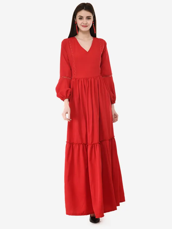 Red_V-Neck_Bishop_Sleeves_Long_Maxi_Gown_For_Women