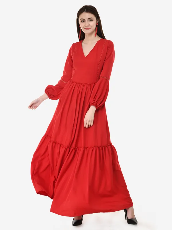Red_V-Neck_Bishop_Sleeves_Long_Maxi_Gown_For_Women