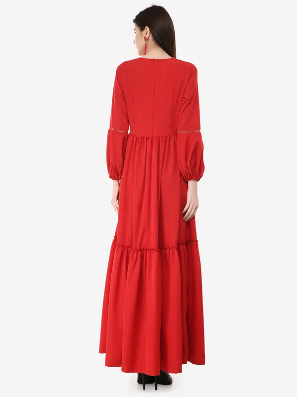Red_V-Neck_Bishop_Sleeves_Long_Maxi_Gown_For_Women