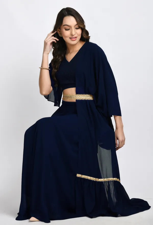 Navy_Blue_Blouse_And_Skirt_Set_With_Embellished_Belt_And_Dupatta