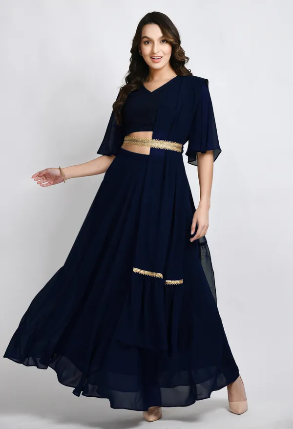 Navy_Blue_Blouse_And_Skirt_Set_With_Embellished_Belt_And_Dupatta