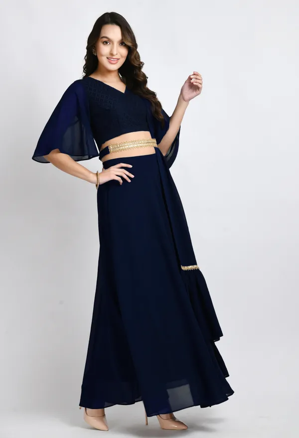 Navy_Blue_Blouse_And_Skirt_Set_With_Embellished_Belt_And_Dupatta