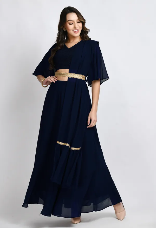 Navy_Blue_Blouse_And_Skirt_Set_With_Embellished_Belt_And_Dupatta