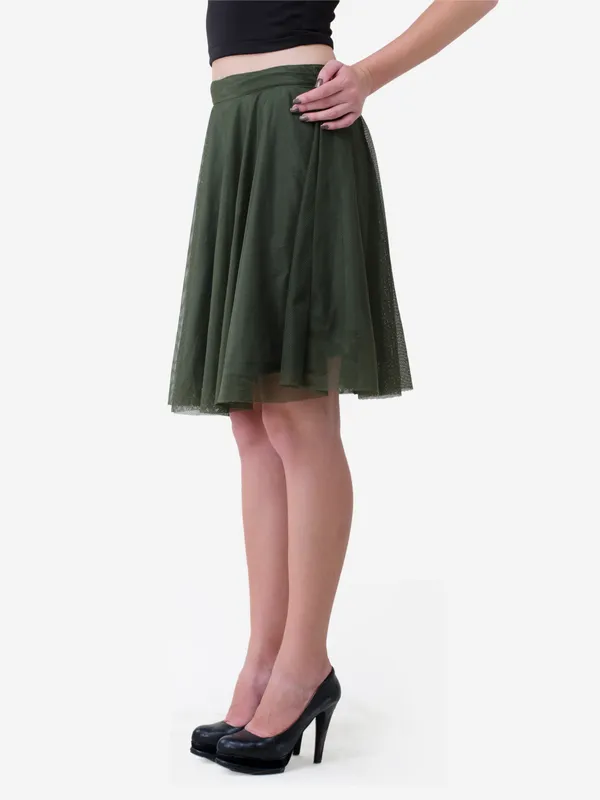 Olive_Green_Mesh_Fabric_Skirt_For_Women