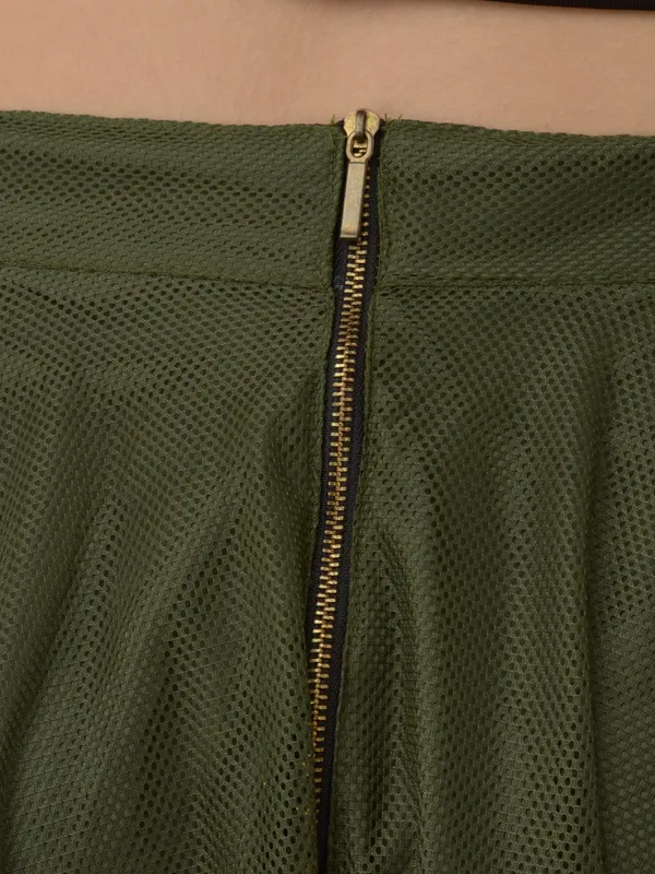 Olive_Green_Mesh_Fabric_Skirt_For_Women