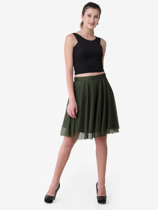 Olive_Green_Mesh_Fabric_Skirt_For_Women