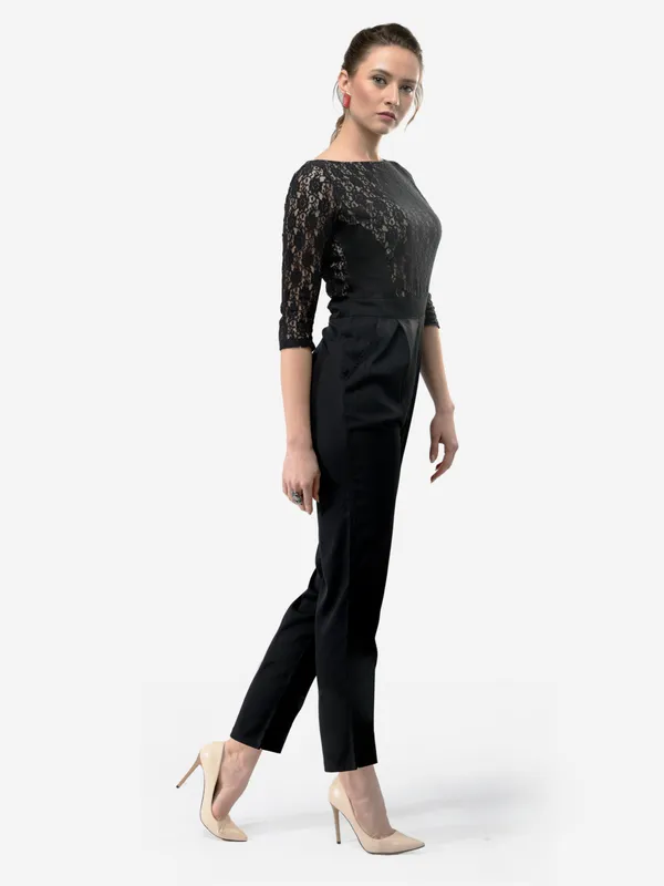 Black_-_Beige_Blocking_Lace_Crepe_3/4_Sleeves_Designer_Jumpsuit_For_Women