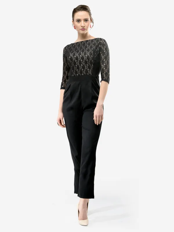 Black_-_Beige_Blocking_Lace_Crepe_3/4_Sleeves_Designer_Jumpsuit_For_Women