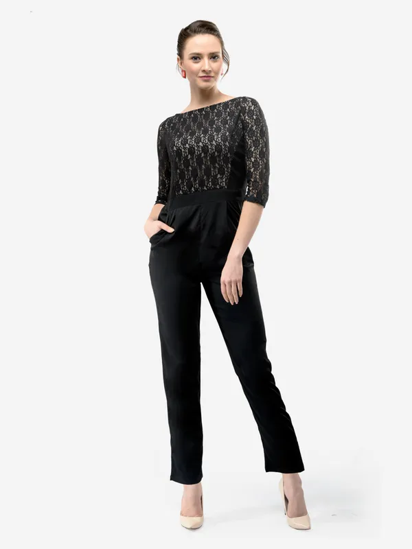 Black_-_Beige_Blocking_Lace_Crepe_3/4_Sleeves_Designer_Jumpsuit_For_Women