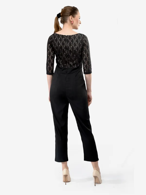 Black_-_Beige_Blocking_Lace_Crepe_3/4_Sleeves_Designer_Jumpsuit_For_Women