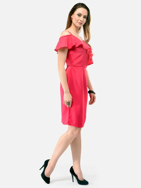 Pink_Frill_V-Neck_Stappy_Shift_Dress_For_Women