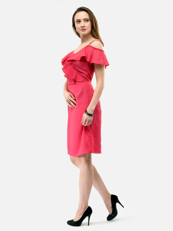 Pink_Frill_V-Neck_Stappy_Shift_Dress_For_Women