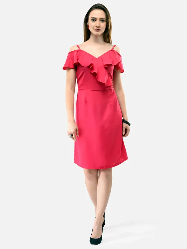 Pink_Frill_V-Neck_Stappy_Shift_Dress_For_Women