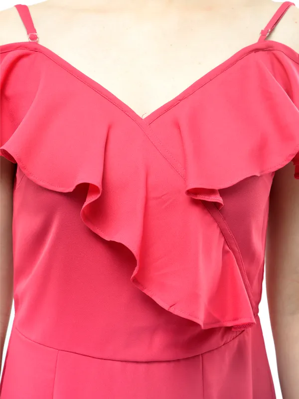 Pink_Frill_V-Neck_Stappy_Shift_Dress_For_Women