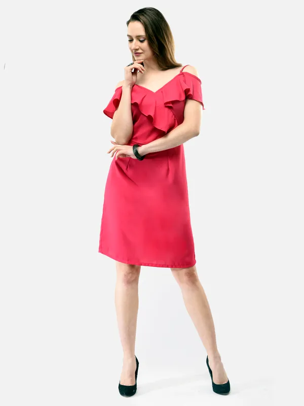 Pink_Frill_V-Neck_Stappy_Shift_Dress_For_Women