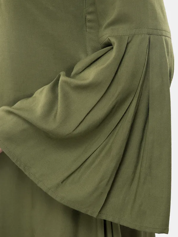 Olive_Green_Rayon_Stylish_A-Line_Ban_Collar,_Full_Bell_Sleeves_Lfor_Women