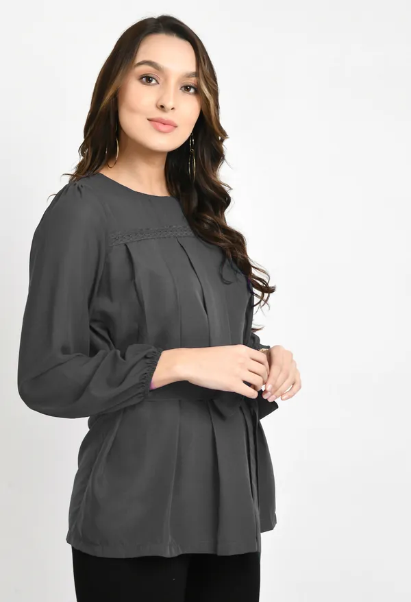 V&M_Grey_Pleated_waist_Tie-up_Top_For_Women