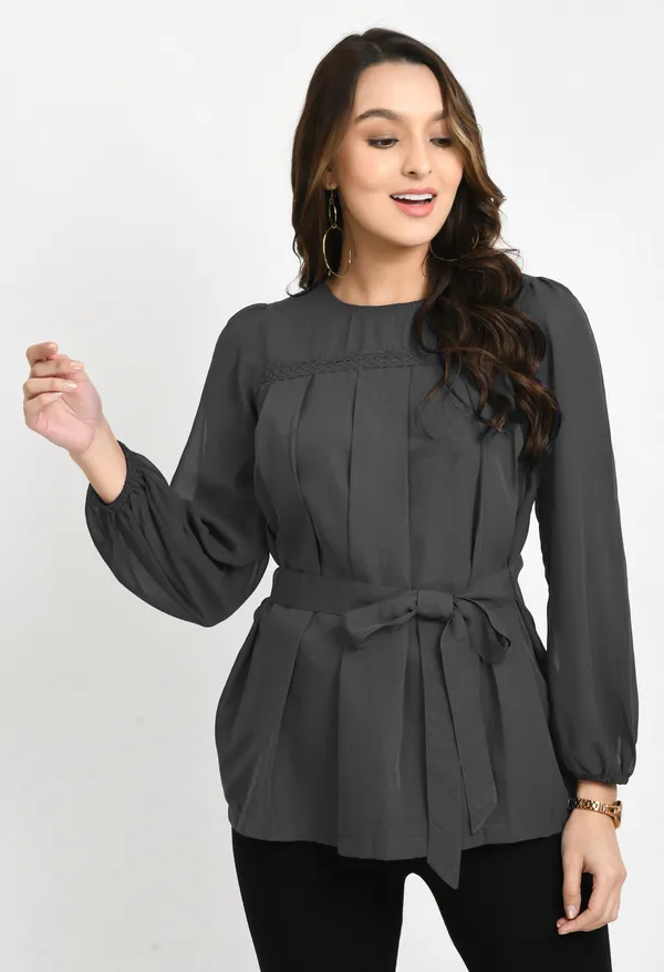 V&M_Grey_Pleated_waist_Tie-up_Top_For_Women