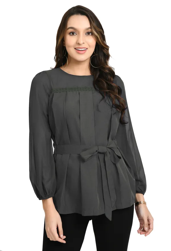 V&M_Grey_Pleated_waist_Tie-up_Top_For_Women