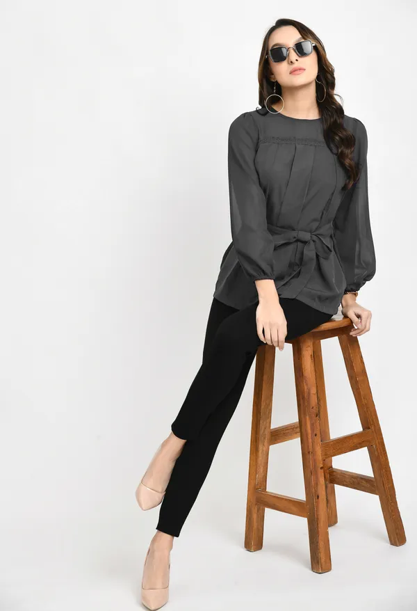 V&M_Grey_Pleated_waist_Tie-up_Top_For_Women