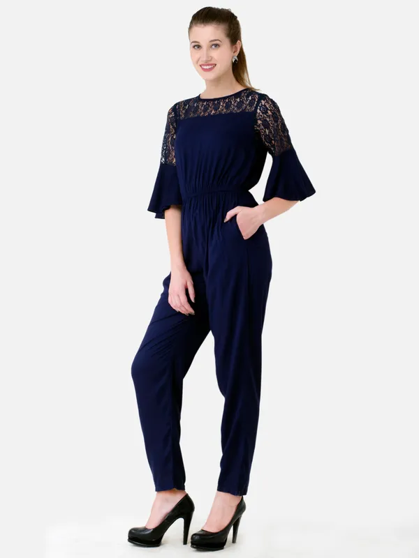 Navy_Blue_Rayon_3/4_Bell_Sleeves_Elasticated_Waist_With_Pockets_For_Women