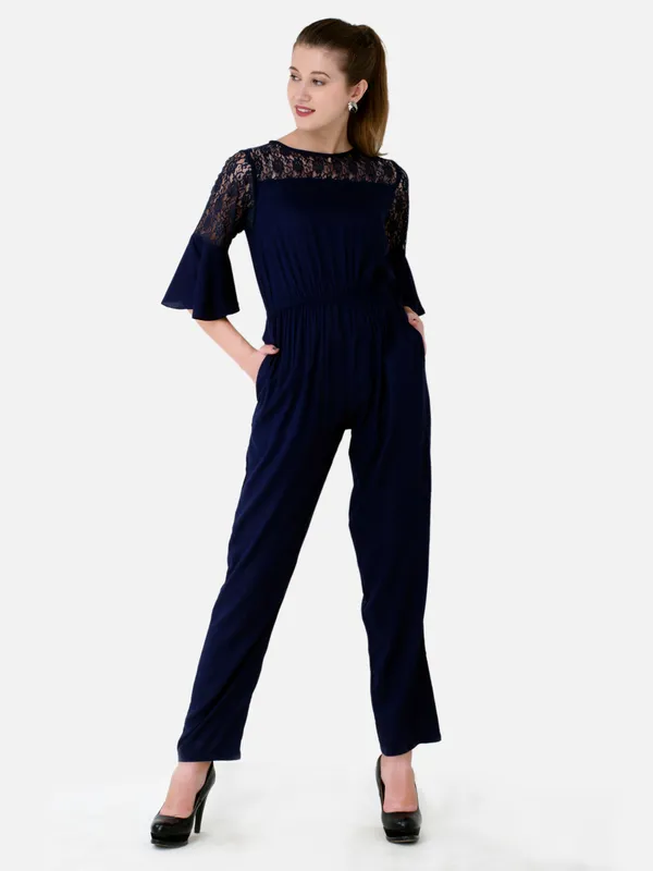Navy_Blue_Rayon_3/4_Bell_Sleeves_Elasticated_Waist_With_Pockets_For_Women