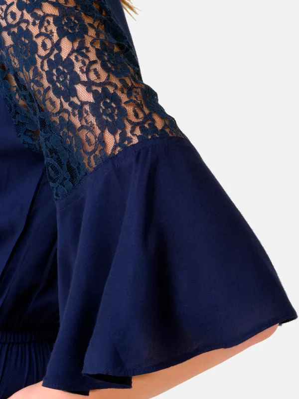 Navy_Blue_Rayon_3/4_Bell_Sleeves_Elasticated_Waist_With_Pockets_For_Women