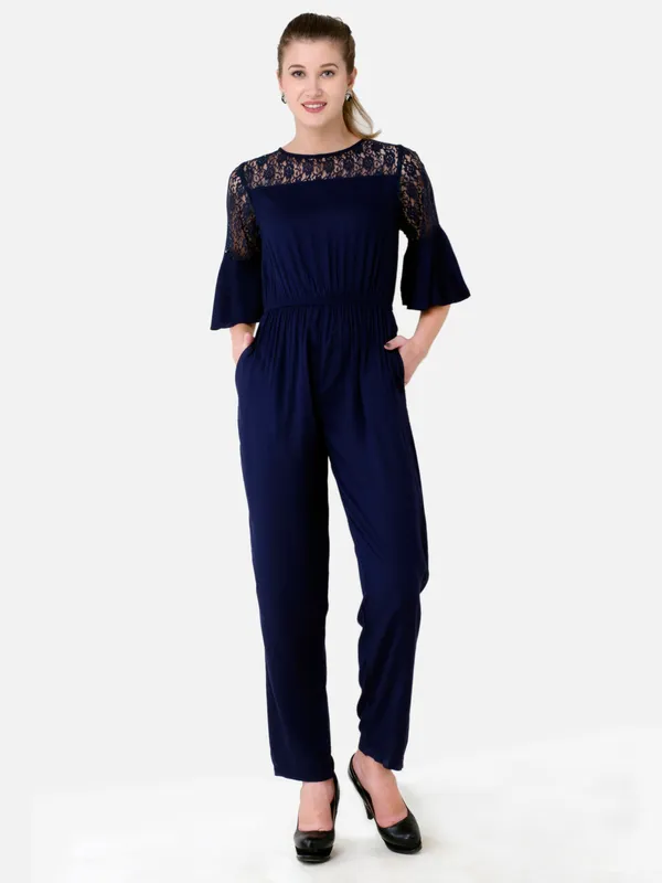 Navy_Blue_Rayon_3/4_Bell_Sleeves_Elasticated_Waist_With_Pockets_For_Women