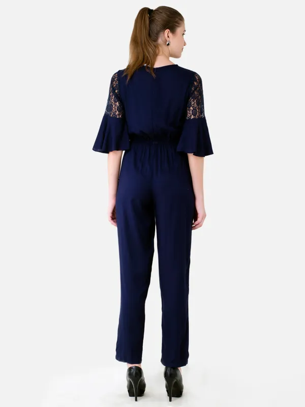 Navy_Blue_Rayon_3/4_Bell_Sleeves_Elasticated_Waist_With_Pockets_For_Women