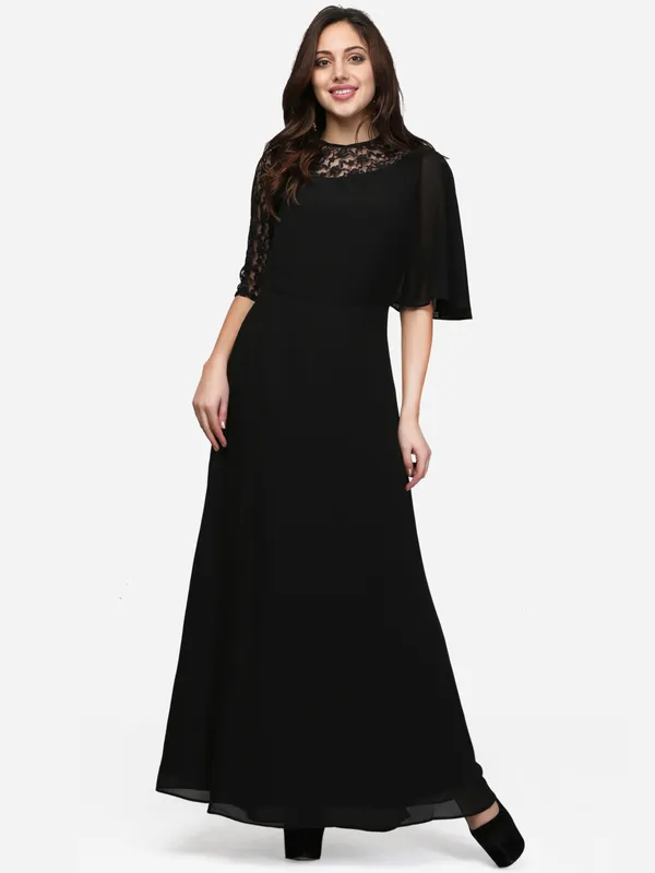 Black_Designer_One_Side_Flared_Sleeves_Jewel_Neck_Wrap_Long_Gown_Dress_For_Women