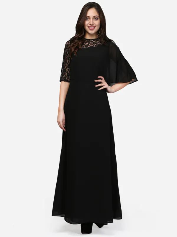 Black_Designer_One_Side_Flared_Sleeves_Jewel_Neck_Wrap_Long_Gown_Dress_For_Women