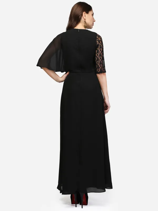 Black_Designer_One_Side_Flared_Sleeves_Jewel_Neck_Wrap_Long_Gown_Dress_For_Women