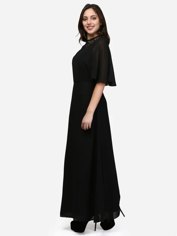 Black_Designer_One_Side_Flared_Sleeves_Jewel_Neck_Wrap_Long_Gown_Dress_For_Women