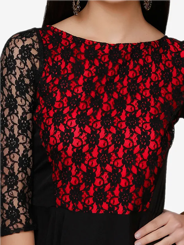 Black_&_Red_Floral_Lace_3/4_Sleeves_Evening_Long_Maxi_Gown_Dress