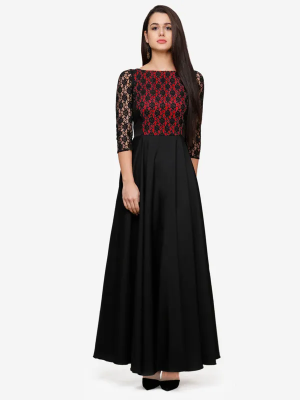 Black_&_Red_Floral_Lace_3/4_Sleeves_Evening_Long_Maxi_Gown_Dress