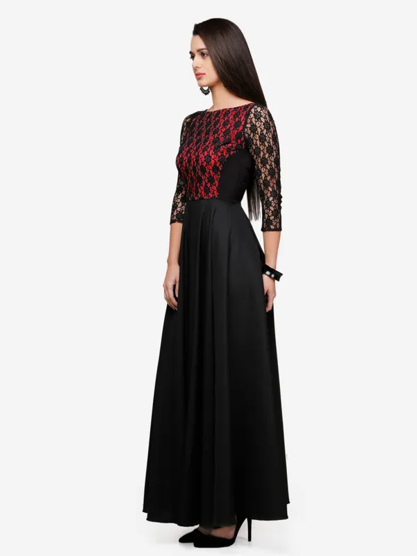 Black_&_Red_Floral_Lace_3/4_Sleeves_Evening_Long_Maxi_Gown_Dress