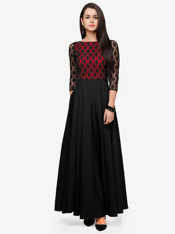 Black_&_Red_Floral_Lace_3/4_Sleeves_Evening_Long_Maxi_Gown_Dress