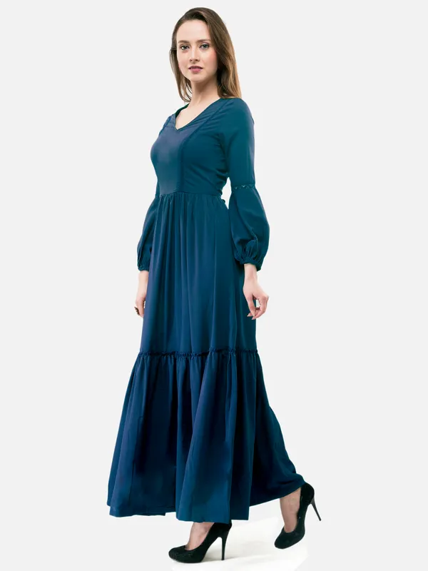 Teal_Blue_V-_Neck_Bishop_Sleeves_Boho_Maxi_Dress_For_Women