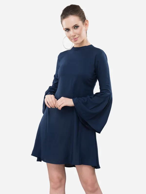 Navy_Blue_Rayon_Stylish_A-Line_Ban_Collar,_Full_Bell_Sleeves_For_Women