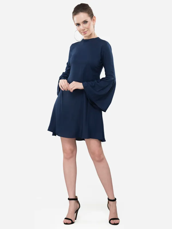 Navy_Blue_Rayon_Stylish_A-Line_Ban_Collar,_Full_Bell_Sleeves_For_Women