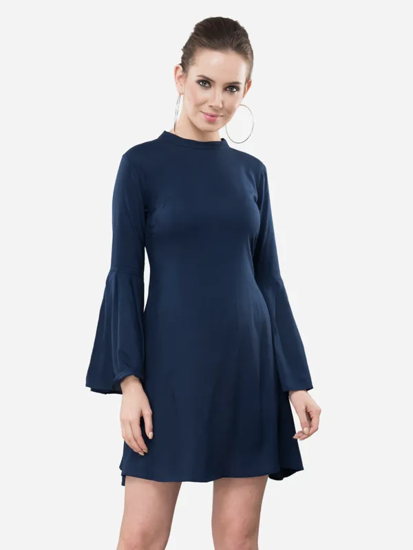 Navy_Blue_Rayon_Stylish_A-Line_Ban_Collar,_Full_Bell_Sleeves_For_Women