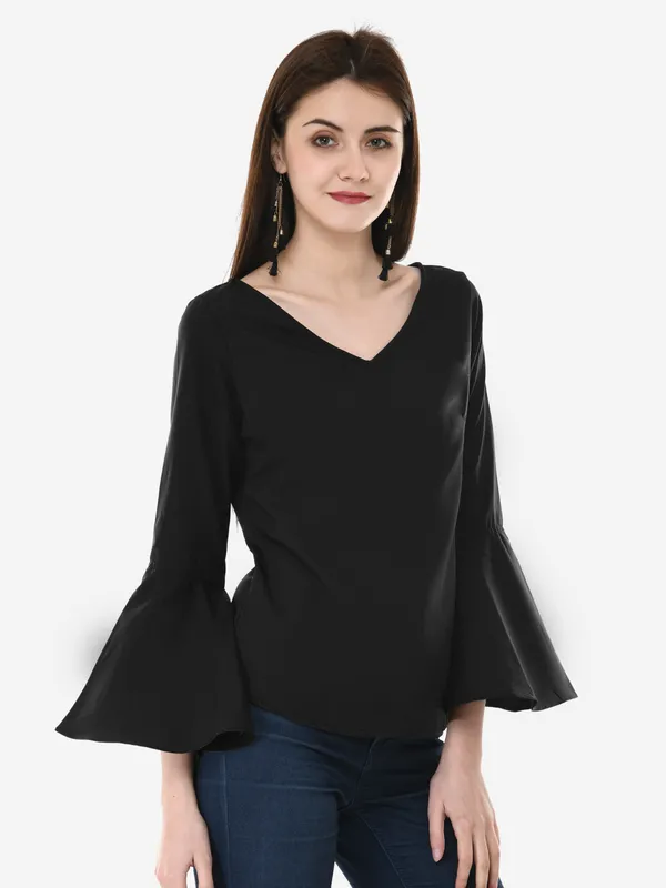 Black_Solid_Casual_Crepe_V-Neck_Bell_Sleeves_Top