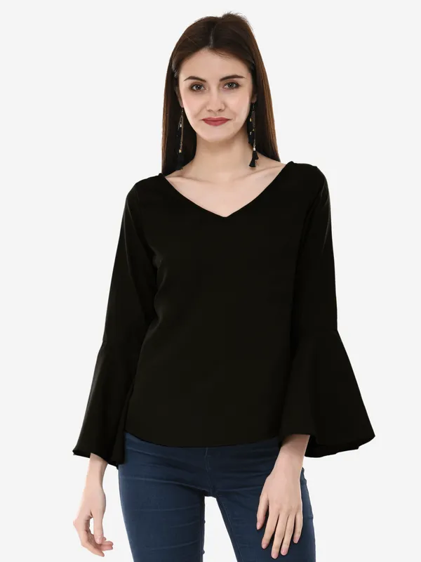Black_Solid_Casual_Crepe_V-Neck_Bell_Sleeves_Top