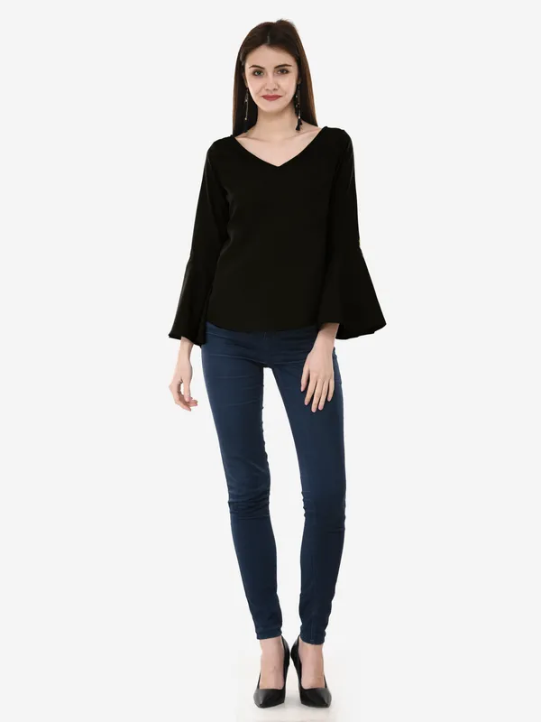 Black_Solid_Casual_Crepe_V-Neck_Bell_Sleeves_Top