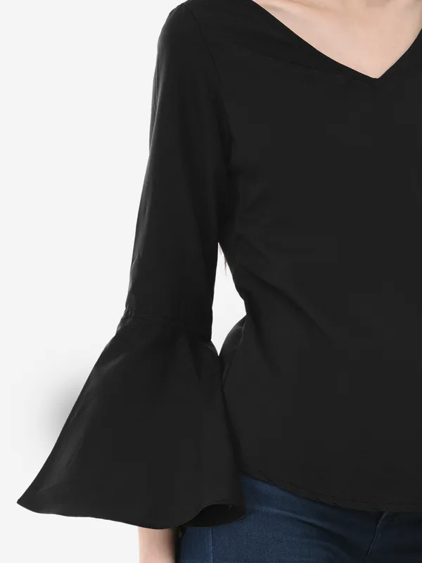 Black_Solid_Casual_Crepe_V-Neck_Bell_Sleeves_Top